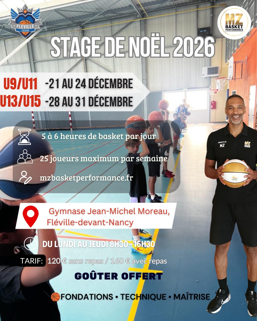 Affiche stage de Noël 2026 U13/U15 - MZ Basket Performance